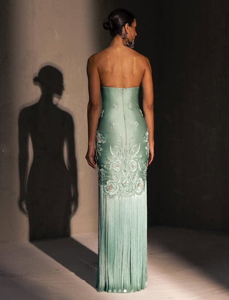 Fancy Mermaid Strapless Neckline Green Satin Long Prom Dress