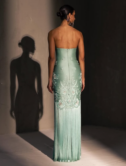 Fancy Mermaid Strapless Neckline Green Satin Long Prom Dress