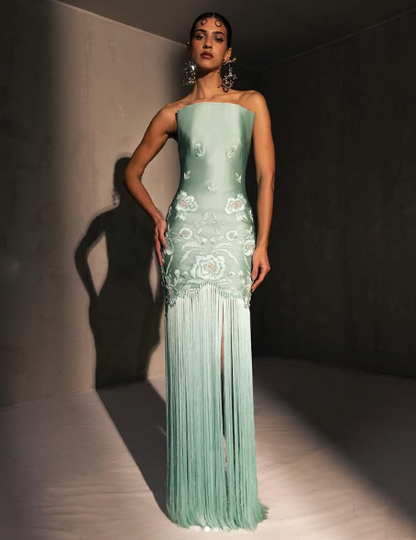 Fancy Mermaid Strapless Neckline Green Satin Long Prom Dress