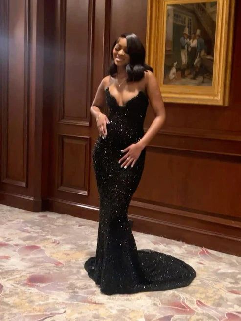 Sexy Mermaid Sweetheart Sequin Slit Black Long Prom Dress