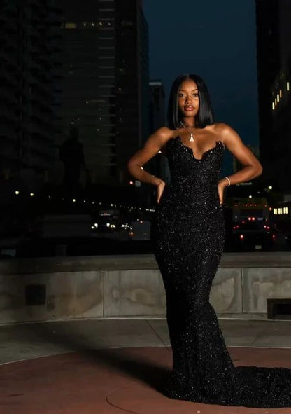 Sexy Mermaid Sweetheart Sequin Slit Black Long Prom Dress