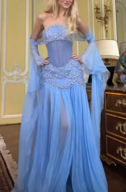 Sexy A Line Off The Shoulder Maxi Long Party Light Blue Chiffon Prom Dress