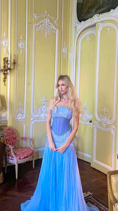 Sexy A Line Off The Shoulder Maxi Long Party Light Blue Chiffon Prom Dress
