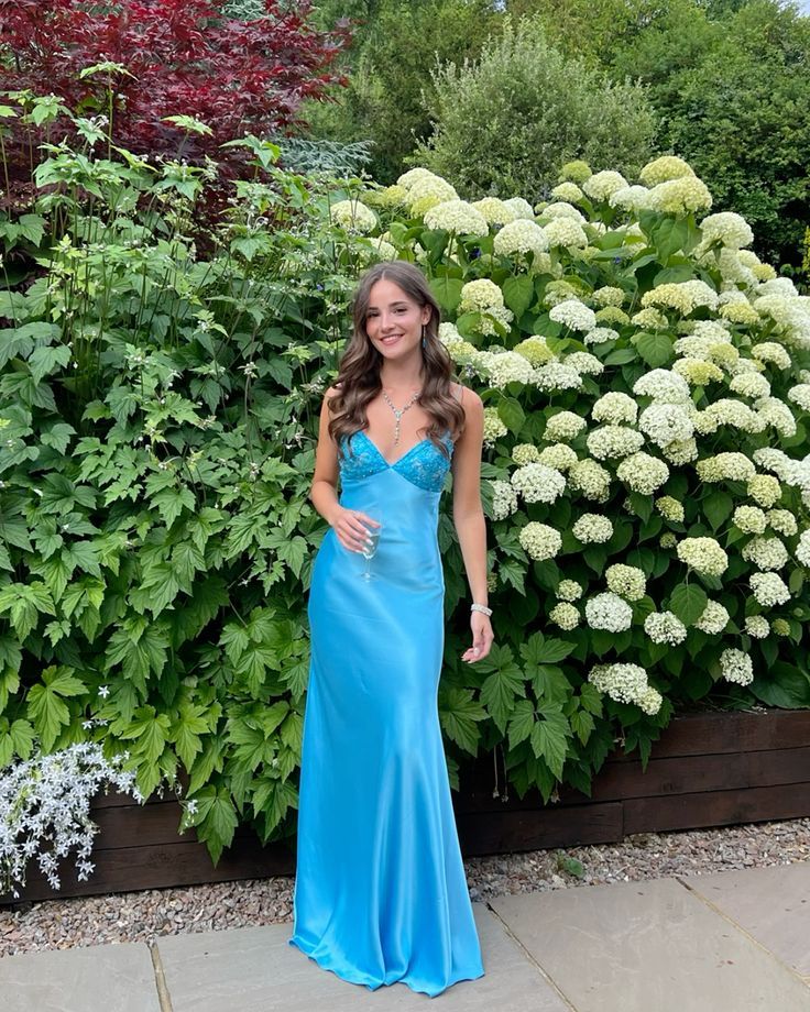 Classy V-neck Blue Beaded Back Tie A-line Long Prom Dress