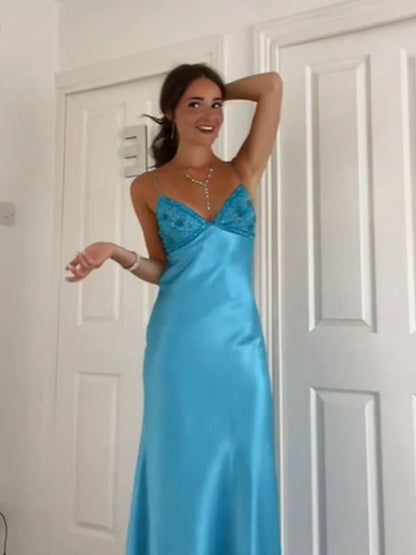 Classy V-neck Blue Beaded Back Tie A-line Long Prom Dress