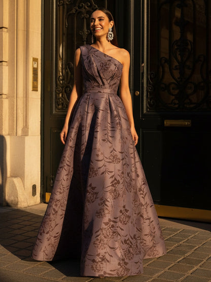 A-Line Satin Floral Print One Shoulder Mother of the Bride Dress