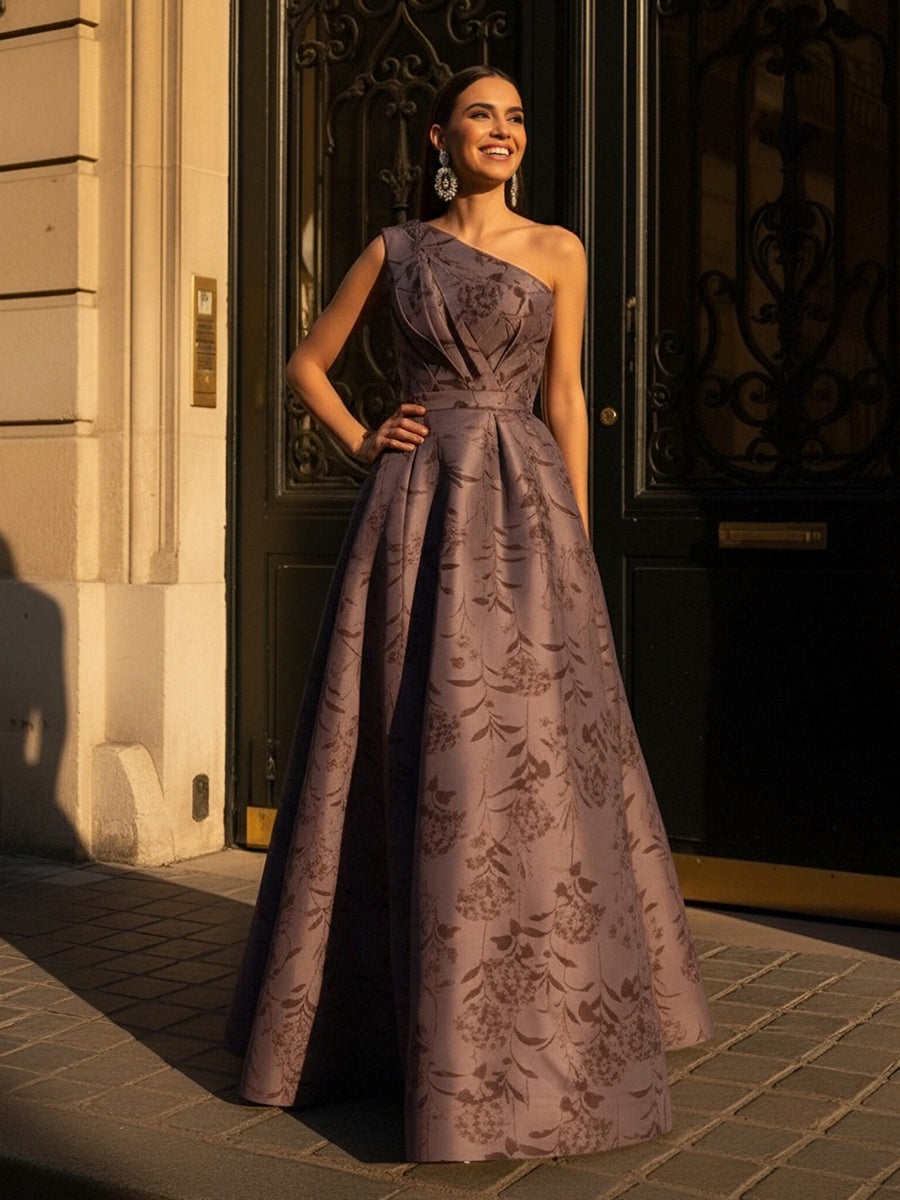 A-Line Satin Floral Print One Shoulder Mother of the Bride Dress