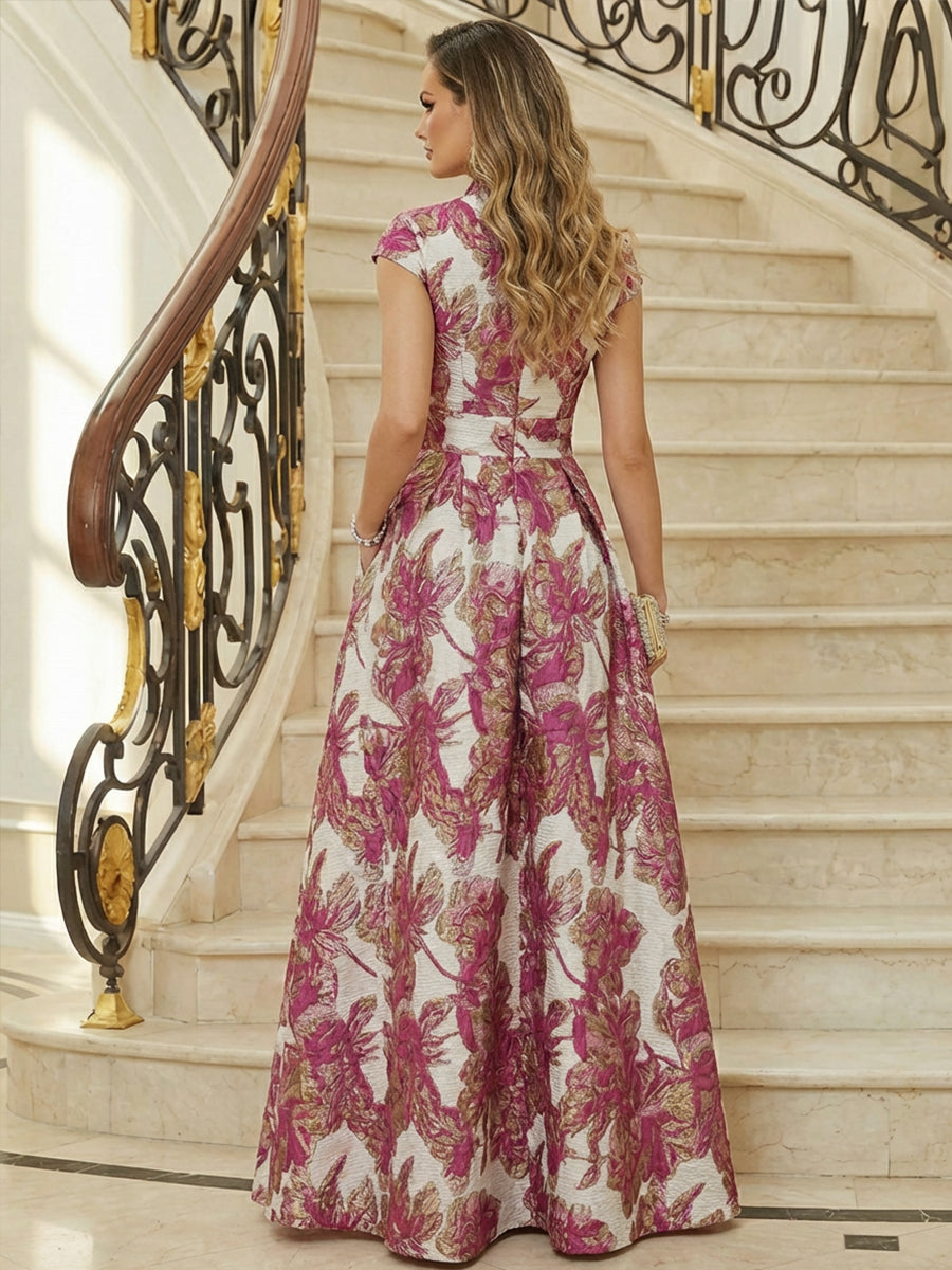 A-Line Floral Jacquard V-Neck Mother of the Bride Dress
