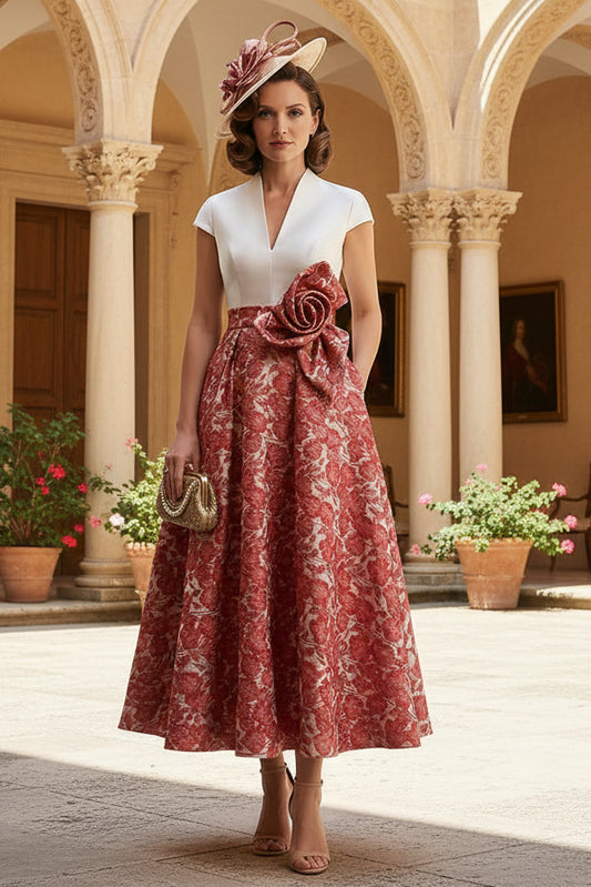 V-Neck Midi Jacquard Satin Mother of the Bride Dress