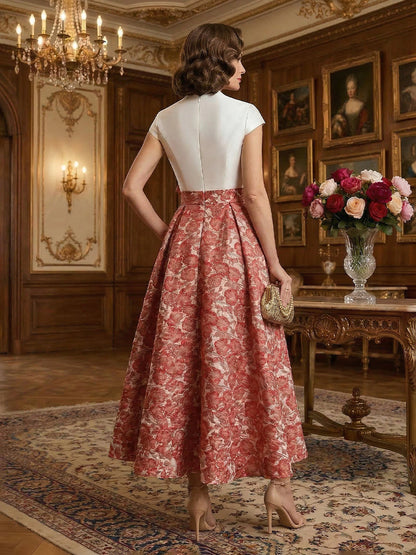 V-Neck Midi Jacquard Satin Mother of the Bride Dress
