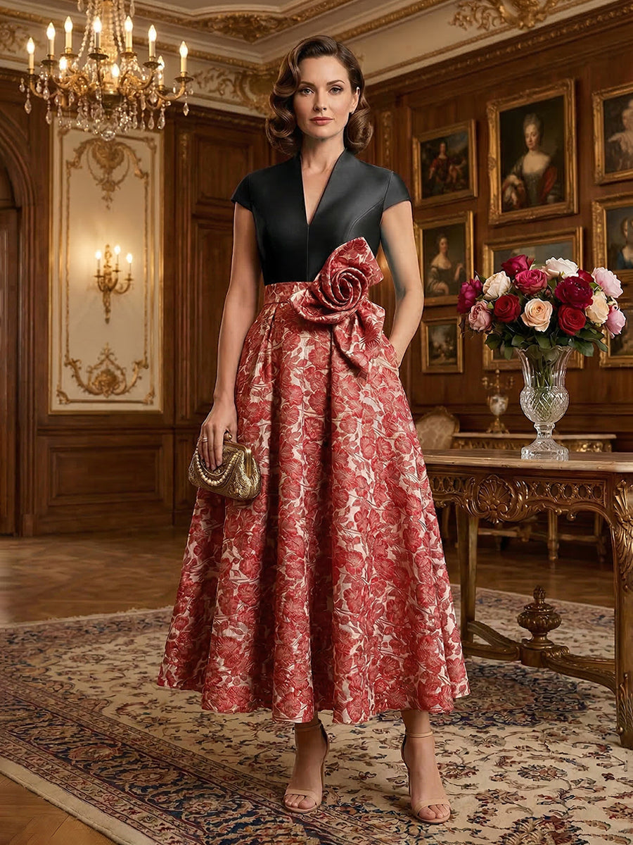 V-Neck Midi Jacquard Satin Mother of the Bride Dress
