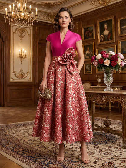 V-Neck Midi Jacquard Satin Mother of the Bride Dress