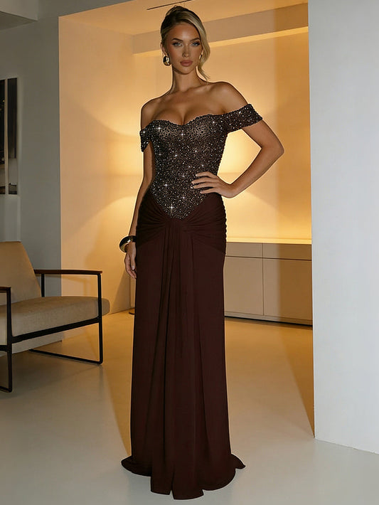 Sparkly Floor-Length Formal Evening Dresses with Ruched Satin