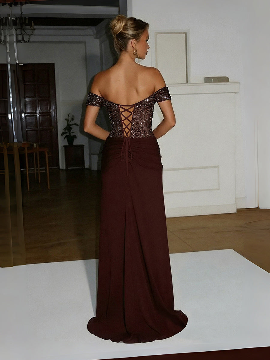 Sparkly Floor-Length Formal Evening Dresses with Ruched Satin