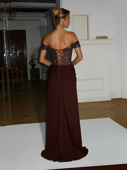 Sparkly Floor-Length Formal Evening Dresses with Ruched Satin