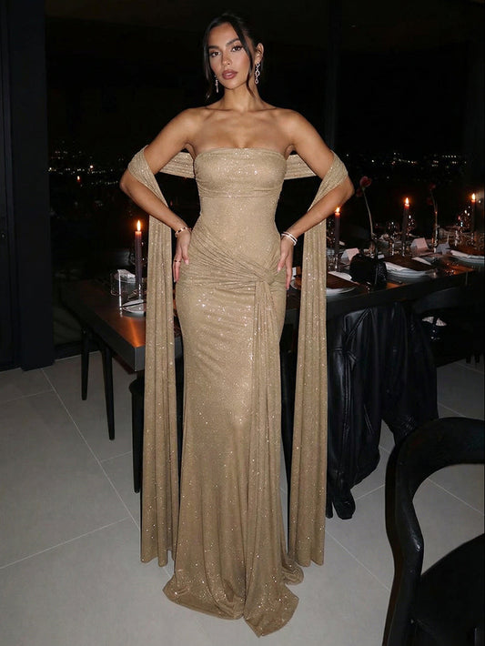 Glitter Stretch Jersey Strapless Ruched Evening Dress