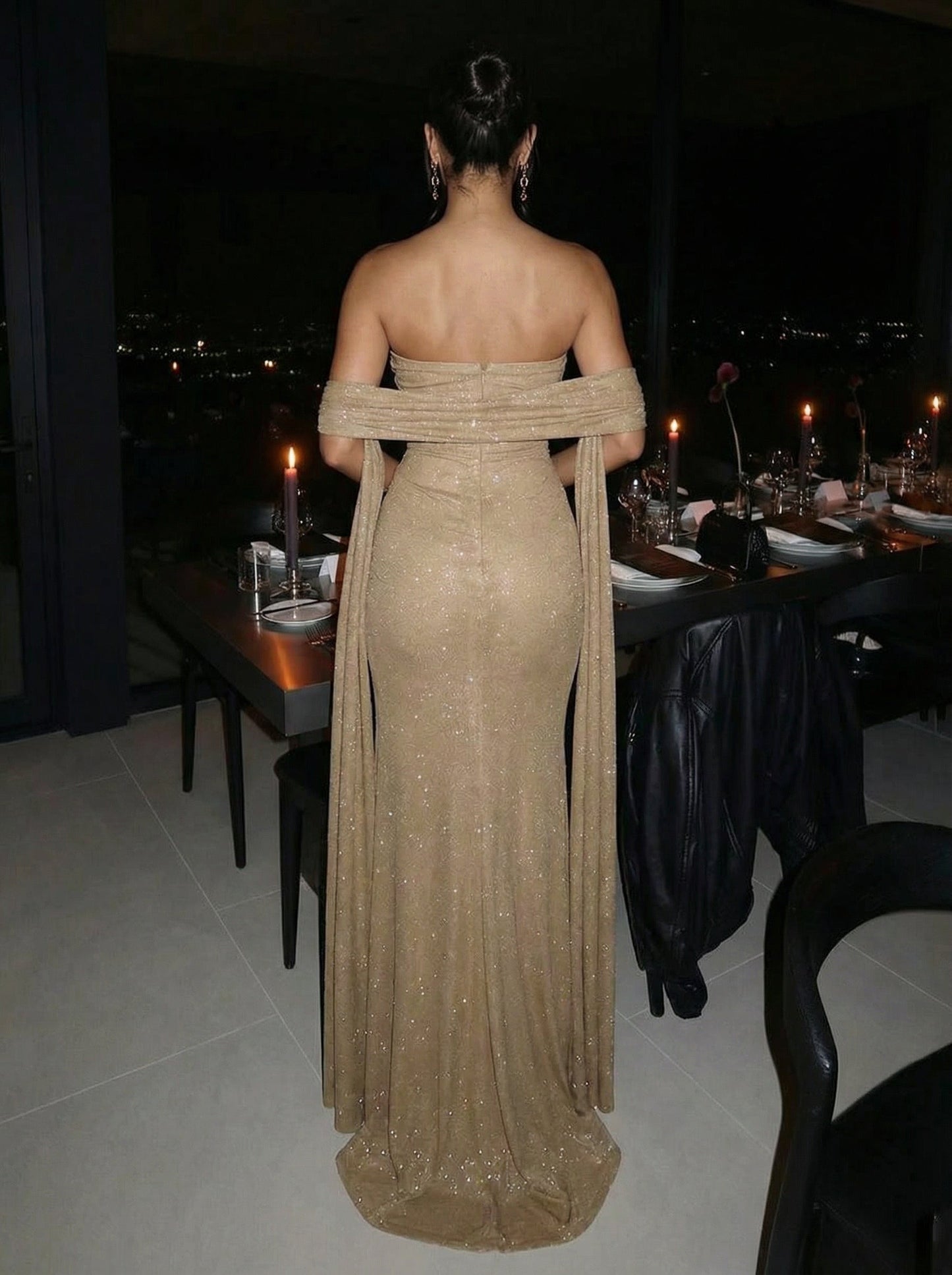 Glitter Stretch Jersey Strapless Ruched Evening Dress