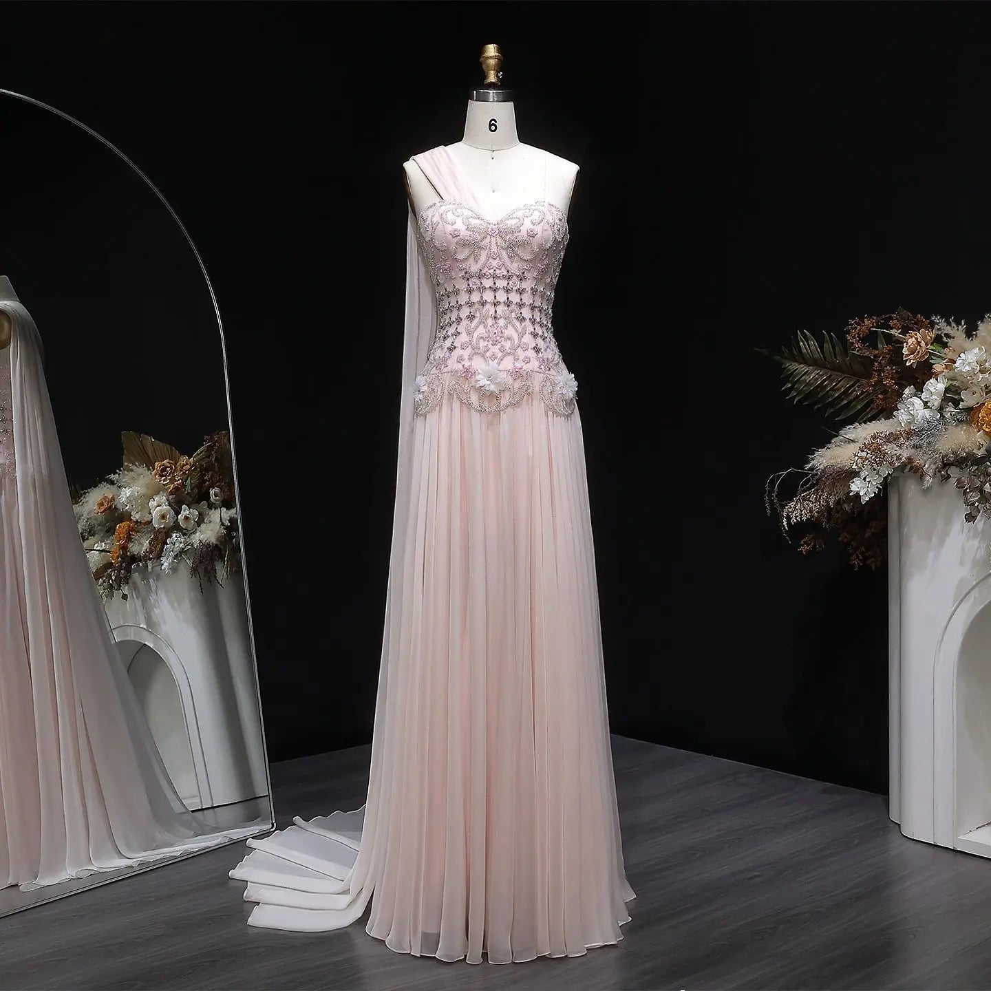 Luxury Blush Pink Beaded 3D Floral Cape Evening Dress