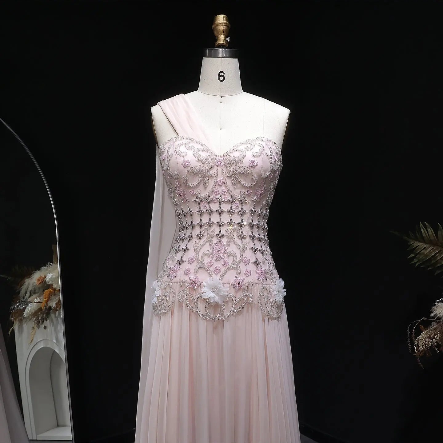 Luxury Blush Pink Beaded 3D Floral Cape Evening Dress