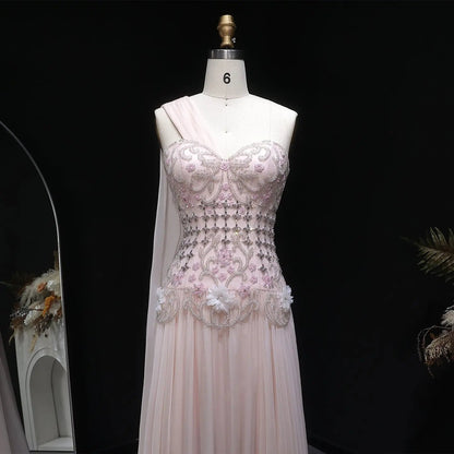 Luxury Blush Pink Beaded 3D Floral Cape Evening Dress