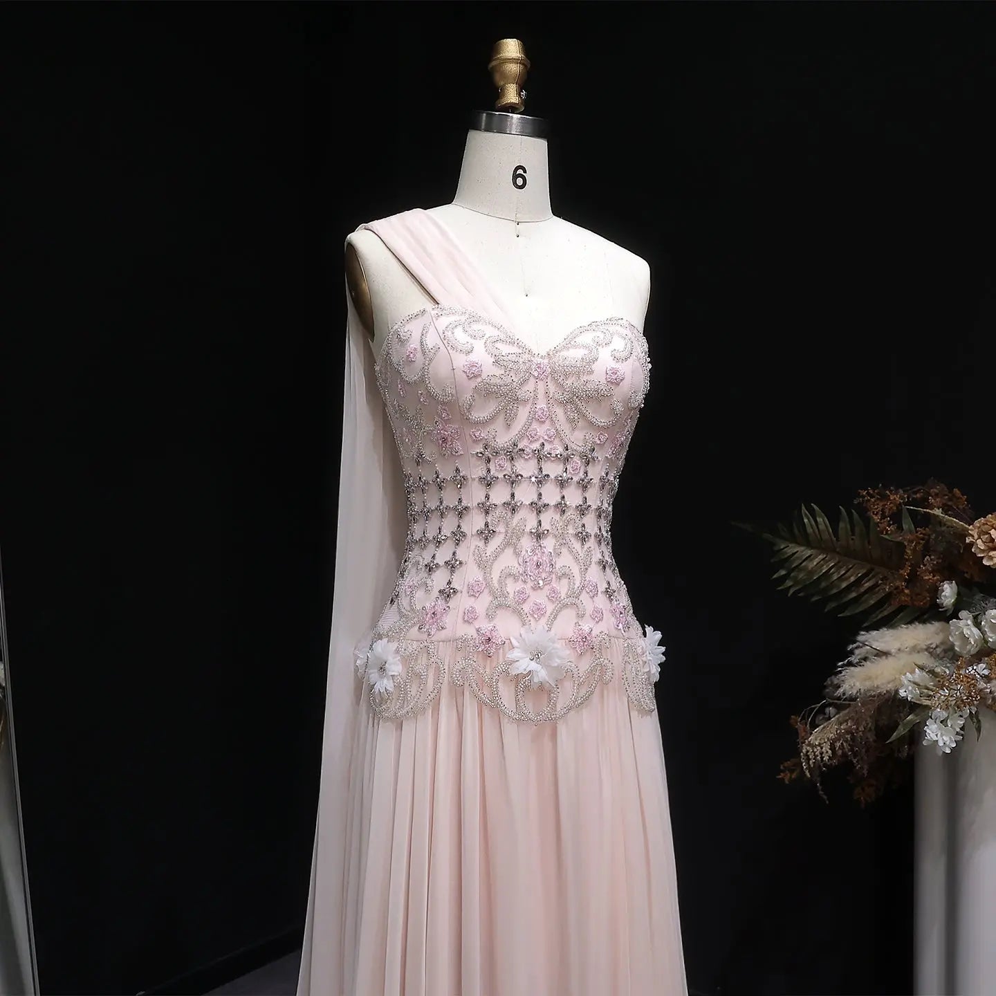 Luxury Blush Pink Beaded 3D Floral Cape Evening Dress