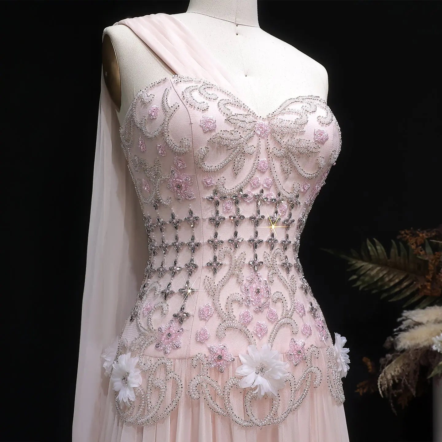 Luxury Blush Pink Beaded 3D Floral Cape Evening Dress