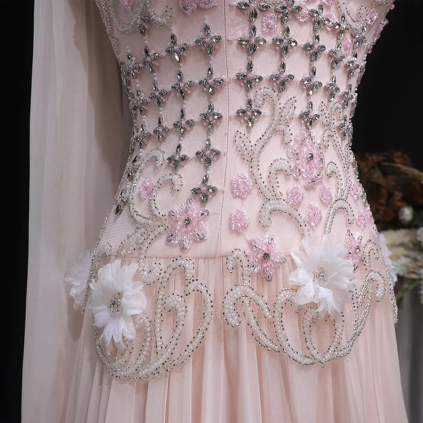 Luxury Blush Pink Beaded 3D Floral Cape Evening Dress