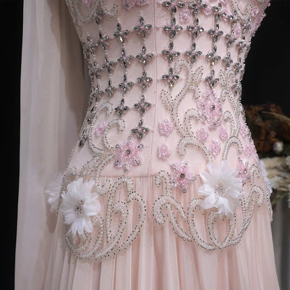Luxury Blush Pink Beaded 3D Floral Cape Evening Dress
