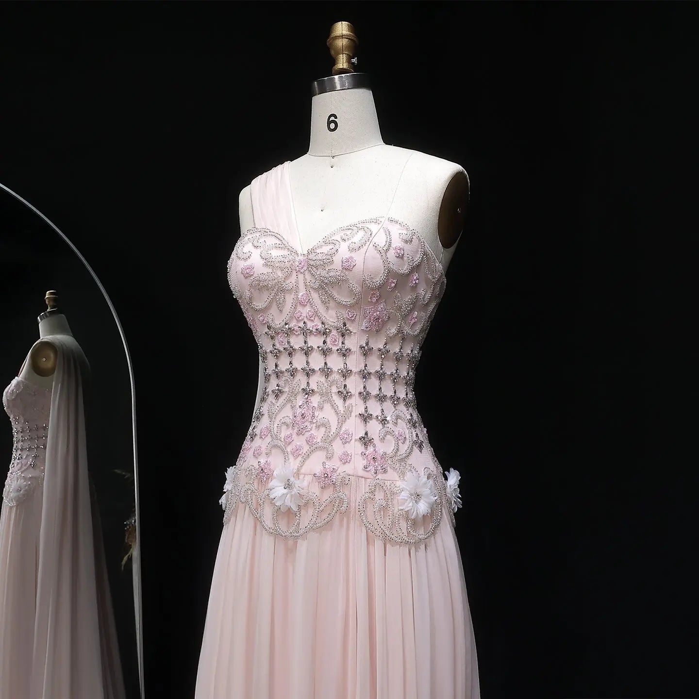Luxury Blush Pink Beaded 3D Floral Cape Evening Dress