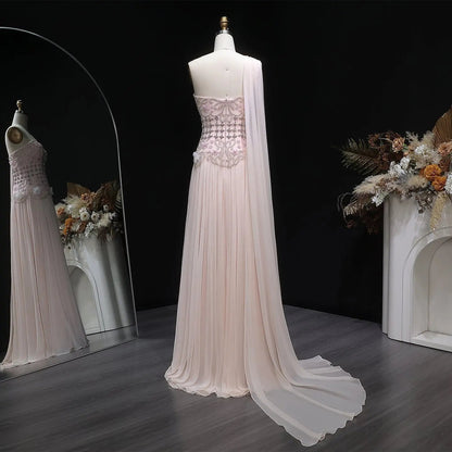 Luxury Blush Pink Beaded 3D Floral Cape Evening Dress