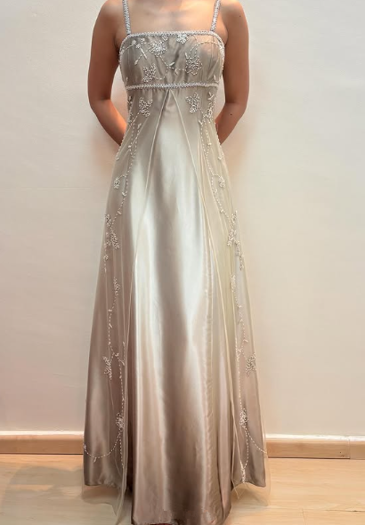 Spaghetti Straps Satin Tulle Beaded Prom Dress