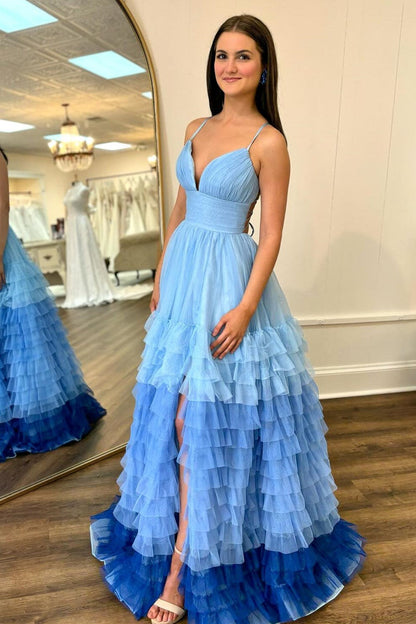 V-Neck Ruffle Tiered Prom Dress in Lavender