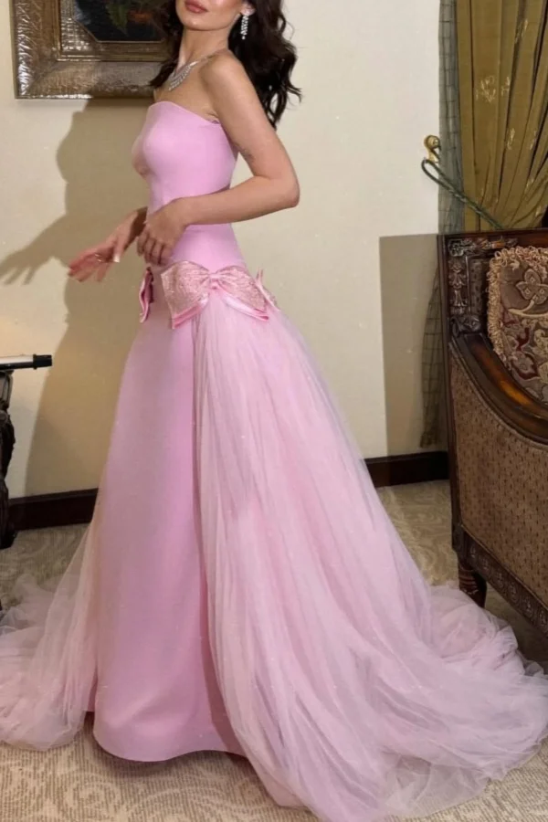 Sweet Pink Strapless Bow-Knot Long Prom Dress