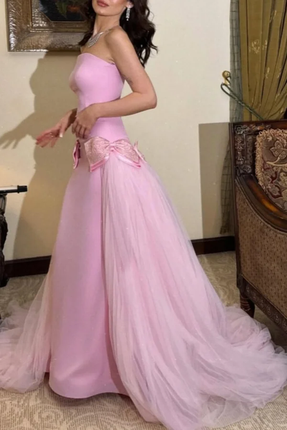 Sweet Pink Strapless Bow-Knot Long Prom Dress