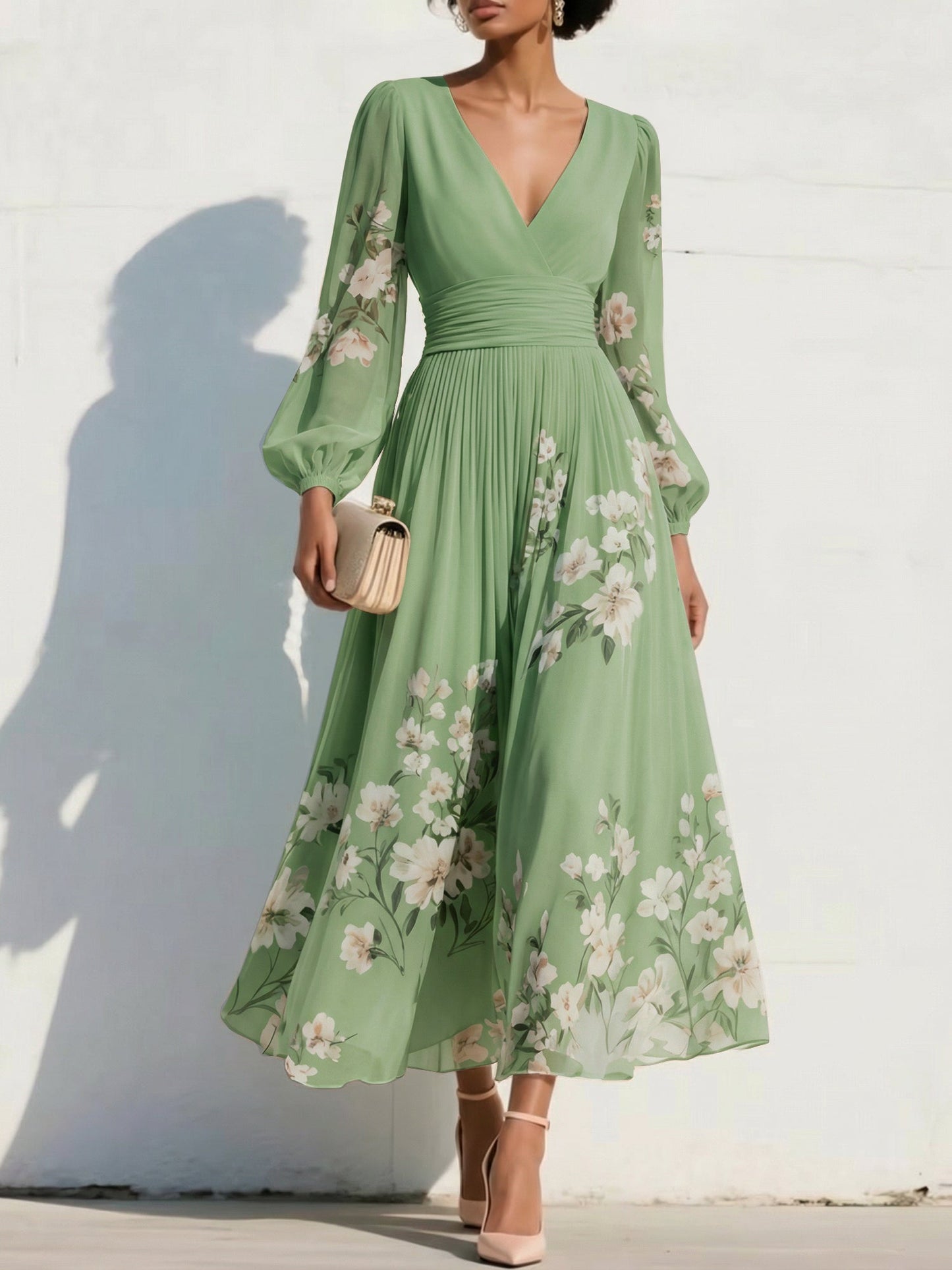 V-Neck Print-Chiffon Pleated Tea-Length Mother of the Bride Dress