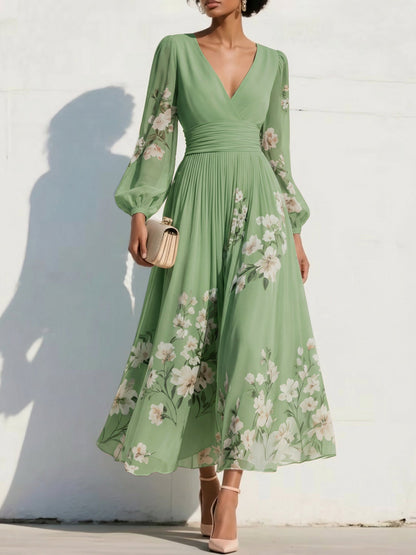 V-Neck Print-Chiffon Pleated Tea-Length Mother of the Bride Dress