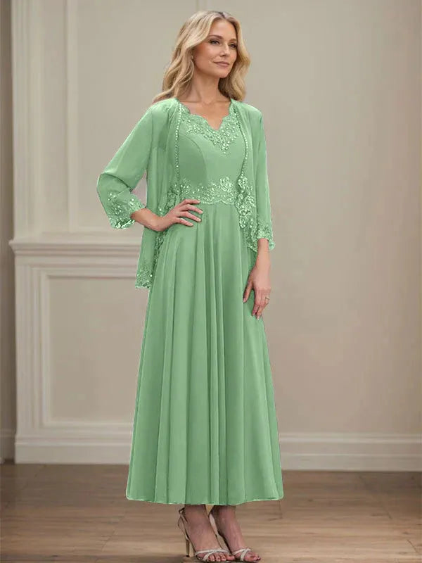 A-line V-Neck Ankle-Length Chiffon Mother of the Bride Dress