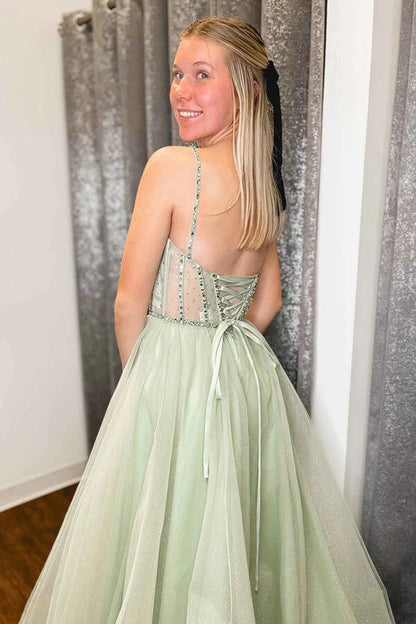 Sage Green Tulle A-line Spaghetti Straps Beaded Prom Dress