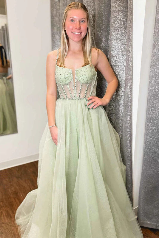 Sage Green Tulle A-line Spaghetti Straps Beaded Prom Dress