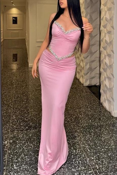Satin Fitted Empire Sleeveless Party Prom Dress With Beaded