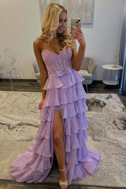 Strapless A-Line V-Neck Tiered Ruffles Lace Appliques Prom Dress with Slit