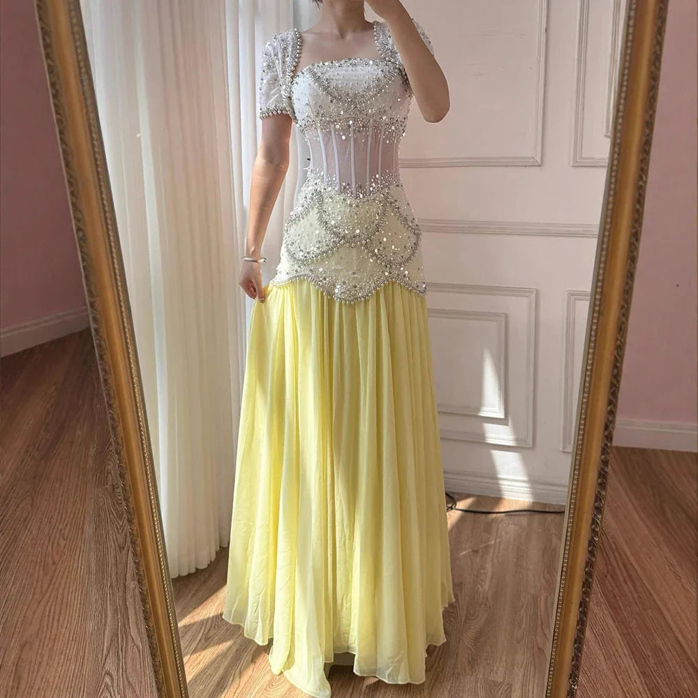 Luxury Yellow Pearls A-Line Evening Dress with Flowing Coat