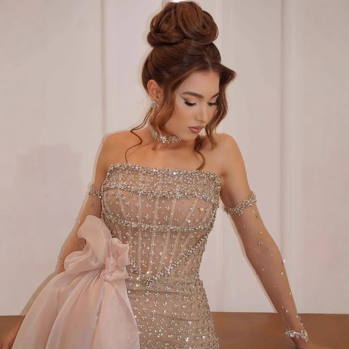 Luxury Dubai Crystal Mermaid Evening Dress with Skirt