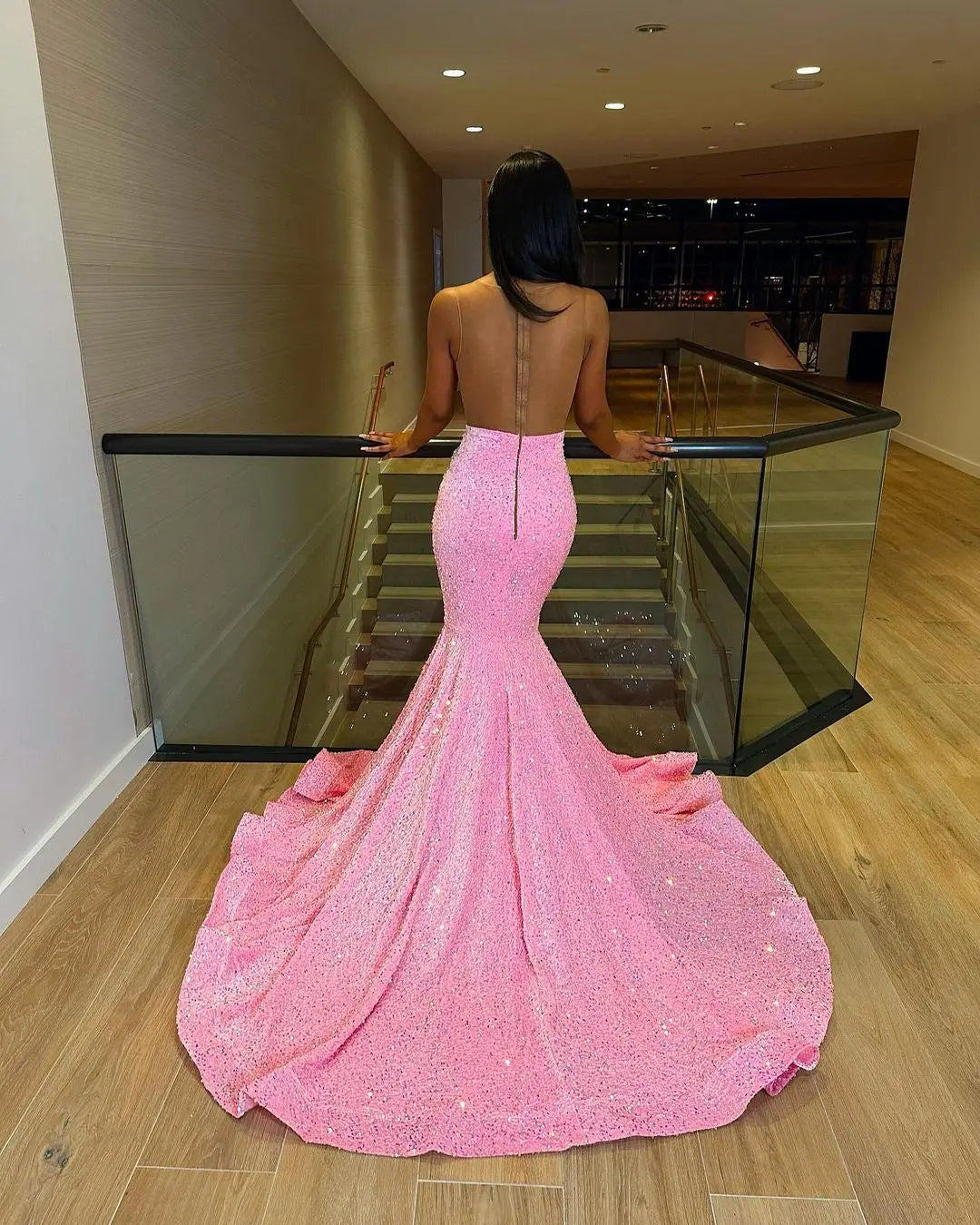 Luxury Pink Sequined Mermaid Crystal Prom Dress
