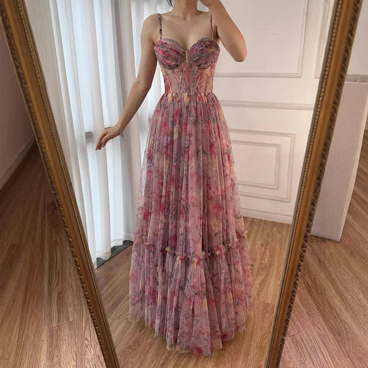 A-Line Sleeveless Print-Tulle Tiered Prom Dress Spaghetti Straps Floor-Length Party Gowns