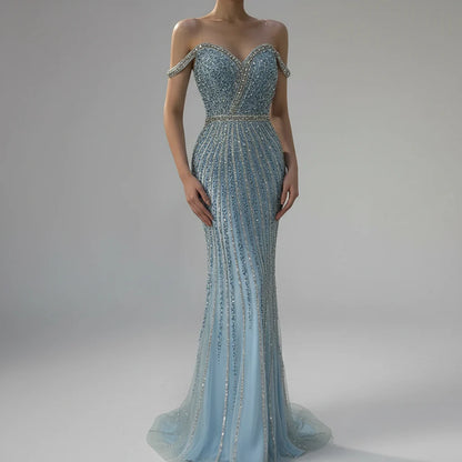 Luxury Dubai  Blue Prom Mermaid Gown Beaded Luxury Saudi Evening Dress for Formal Occasion
