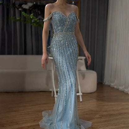 Luxury Dubai  Blue Prom Mermaid Gown Beaded Luxury Saudi Evening Dress for Formal Occasion