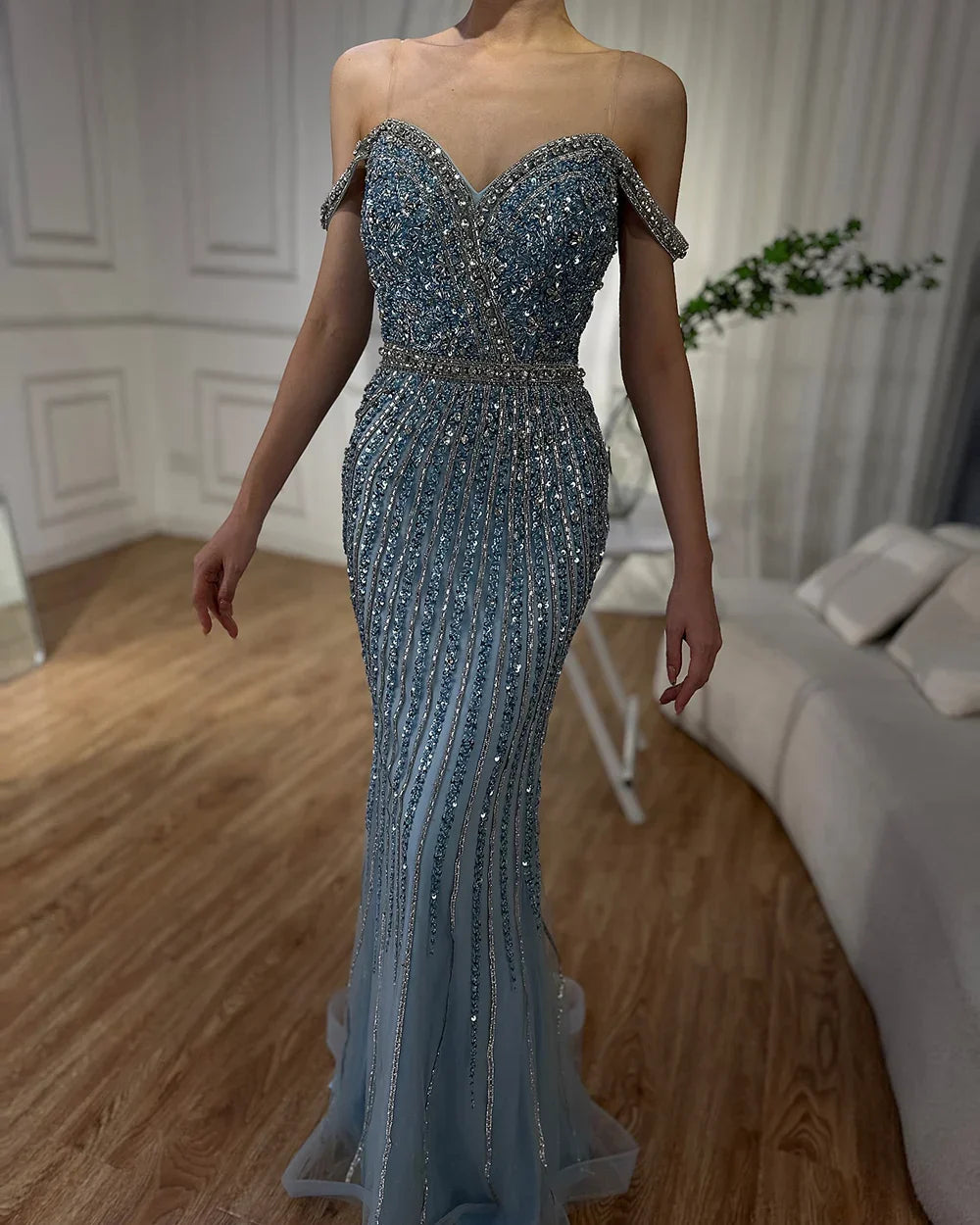 Luxury Dubai  Blue Prom Mermaid Gown Beaded Luxury Saudi Evening Dress for Formal Occasion
