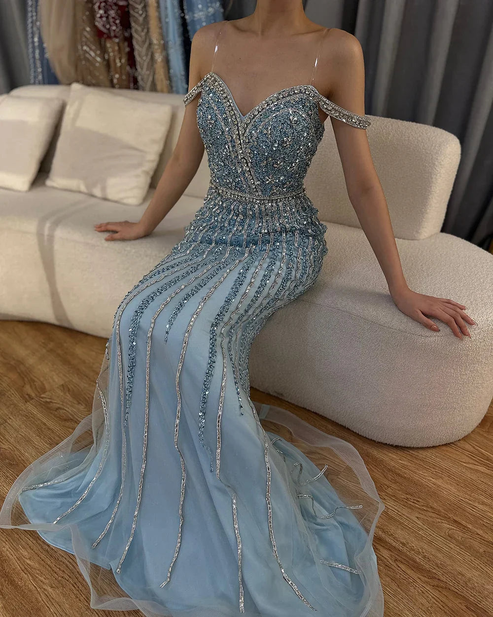 Luxury Dubai  Blue Prom Mermaid Gown Beaded Luxury Saudi Evening Dress for Formal Occasion