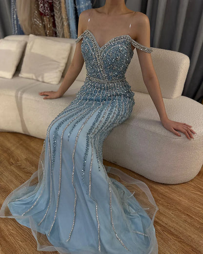 Luxury Dubai  Blue Prom Mermaid Gown Beaded Luxury Saudi Evening Dress for Formal Occasion